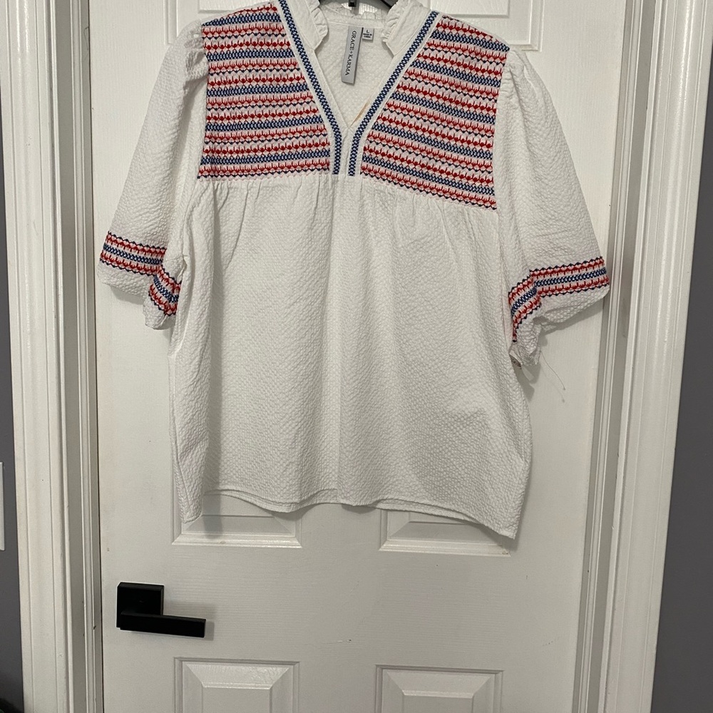 White and Red Embroidered Women's Top